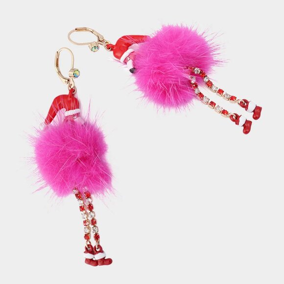 NWT $58 BETSEY JOHNSON Fluffy Flamingo Santa Hat Sparkly Drop Earrings Pink Red - Picture 2 of 3